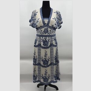 Reba Dress Women 8 Ivory Blue Embroidered Boho Cottage Praire Western Midi